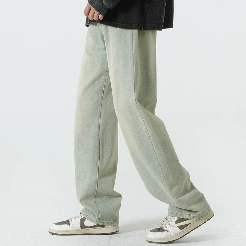 Quần jean lót lông cừu hạng nặng OMZM dành cho nam, quần ống thẳng dày dặn ấm áp mùa thu đông, quần dài dáng rộng phong cách cổ điển.