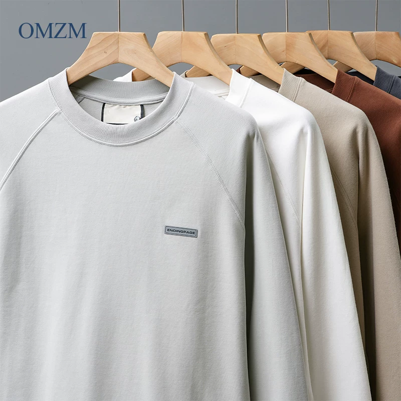 OMZM300G áo thun tay dài dáng rộng tay raglan hạng nặng dành cho nam mùa thu đông áo len cổ tròn rộng rãi lớp bên trong ấm áp áo sơ mi in họa tiết