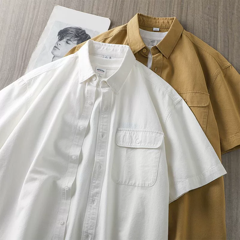 OMZM Áo sơ mi ngắn tay bằng cotton nguyên chất hạng nặng kiểu Mỹ dành cho nam, thương hiệu hợp thời trang mùa hè, trang phục công sở cao cấp, áo sơ mi trắng giản dị kiểu Nhật