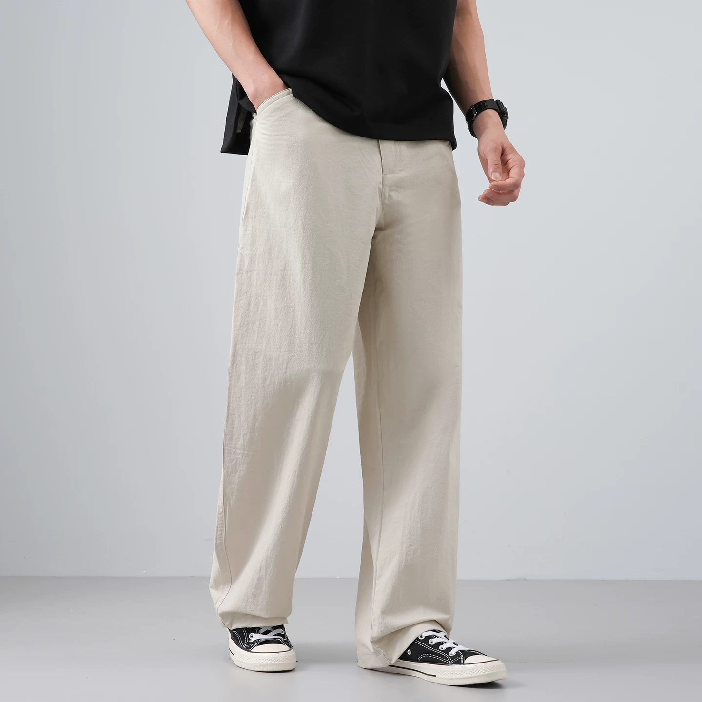 Quần vải Oxford kiểu Mỹ OMZM dành cho nam, quần thể thao thoáng khí ống thẳng mùa hè, quần dài màu trơn rộng rãi và mát mẻ.