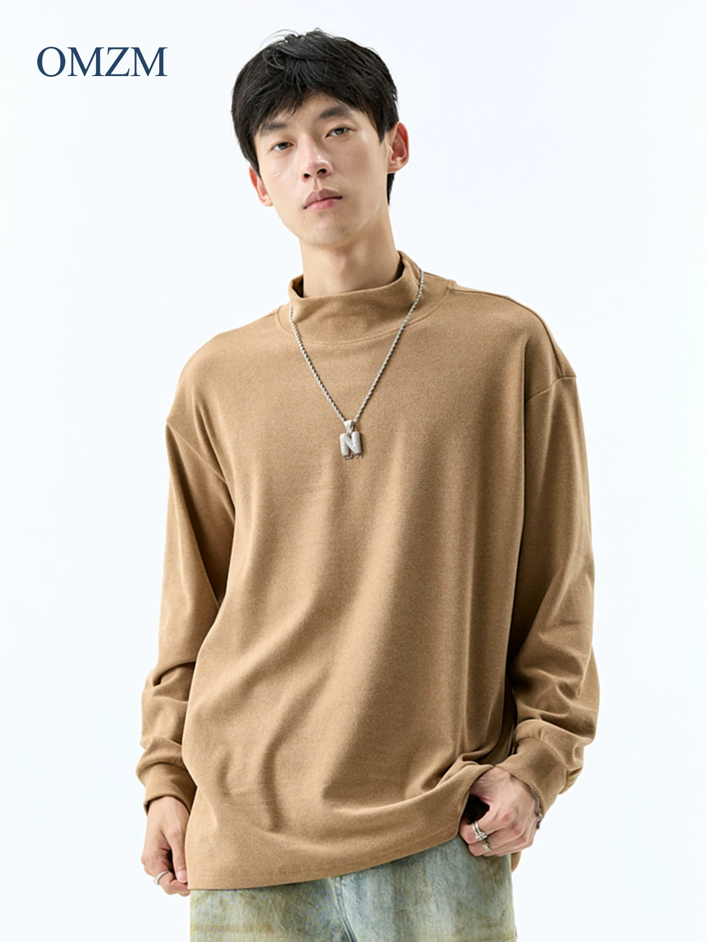 Áo thun dài tay cổ cao hạng nặng OMZM300G dành cho nam, áo sơ mi giữ nhiệt màu trơn mùa thu, áo lót ấm áp cho mùa thu.