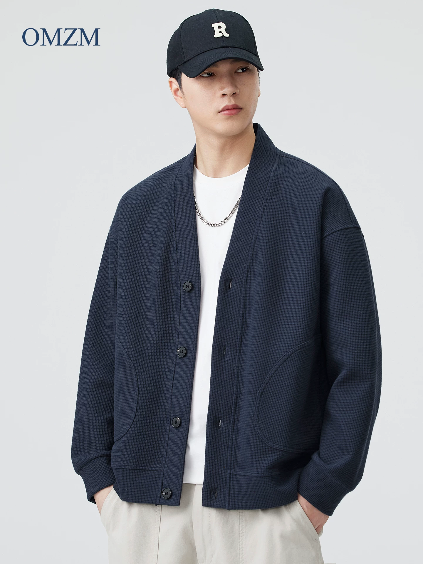 Áo khoác cardigan hạng nặng OMZM470G dành cho nam, áo len dệt kim cao cấp mùa thu, áo khoác dáng rộng phong cách lười biếng