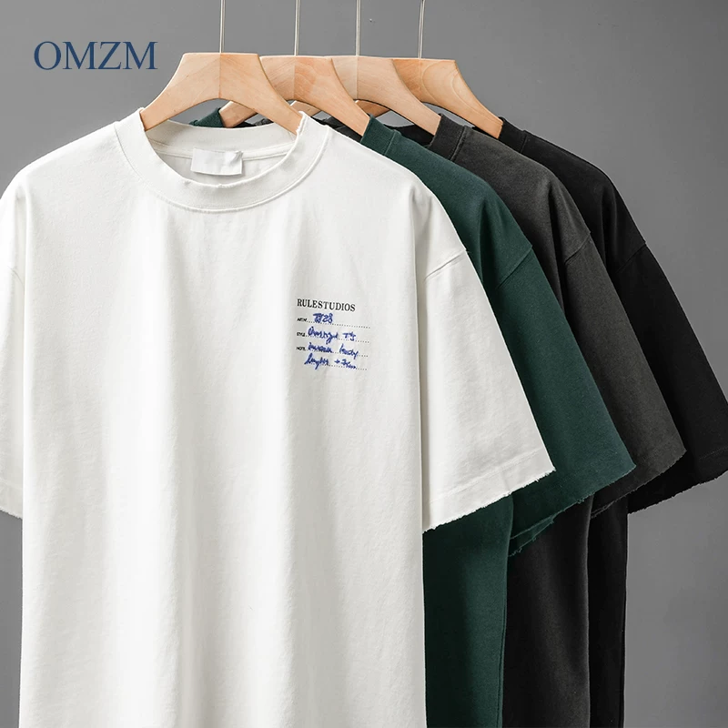 Áo thun ngắn tay cotton nặng 320G phong cách Mỹ OMZM dành cho nam, áo thun thêu chữ mùa hè, áo thun cổ tròn dáng rộng