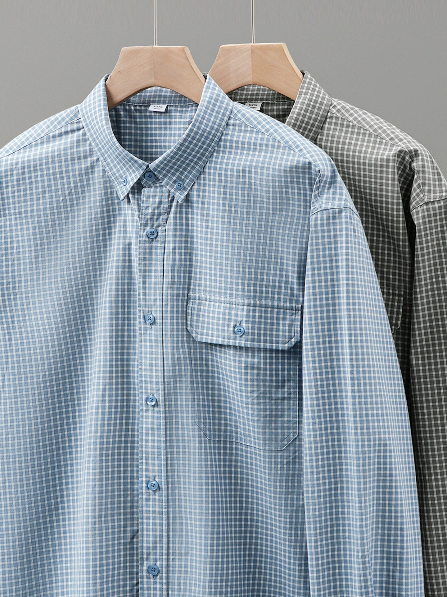 Áo sơ mi kẻ sọc cotton nguyên chất OMZM dành cho nam, áo sơ mi dài tay hạng nặng phong cách Mỹ mùa thu, áo khoác kẻ sọc màu xanh phong cách Nhật Bản kiểu dáng lười biếng