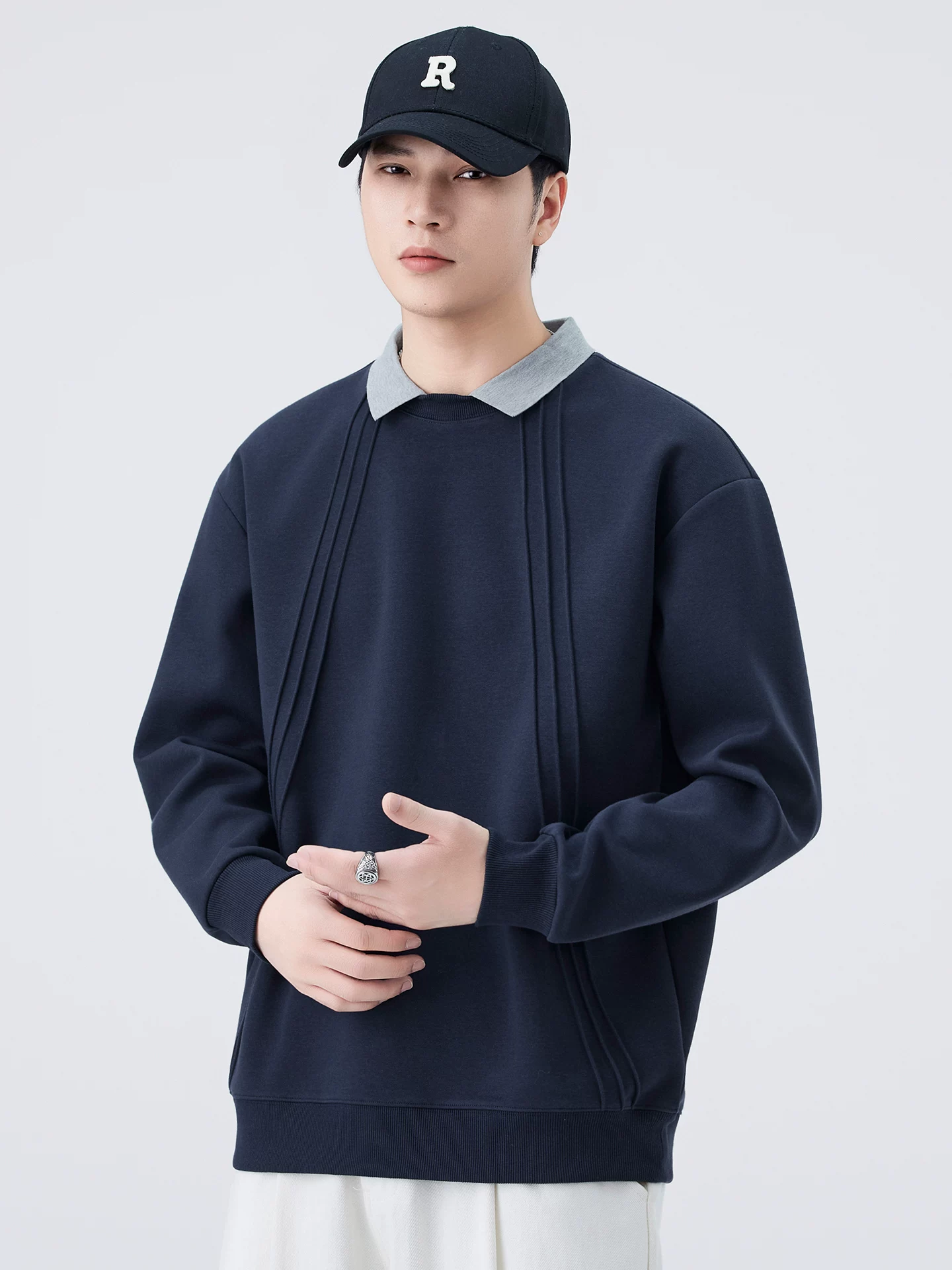 Áo len nam OMZM lót lông giả hai lớp kiểu dáng mới mùa đông 2025, đa năng, rộng rãi, thoải mái, tay dài, áo lót