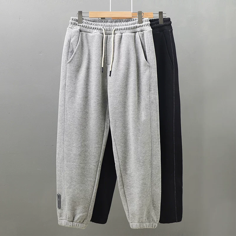 Quần thể thao hạng nặng kiểu Mỹ OMZM dành cho nam, quần jogger dáng rộng mùa xuân thu, quần thường ngày dệt kim màu xám cao cấp