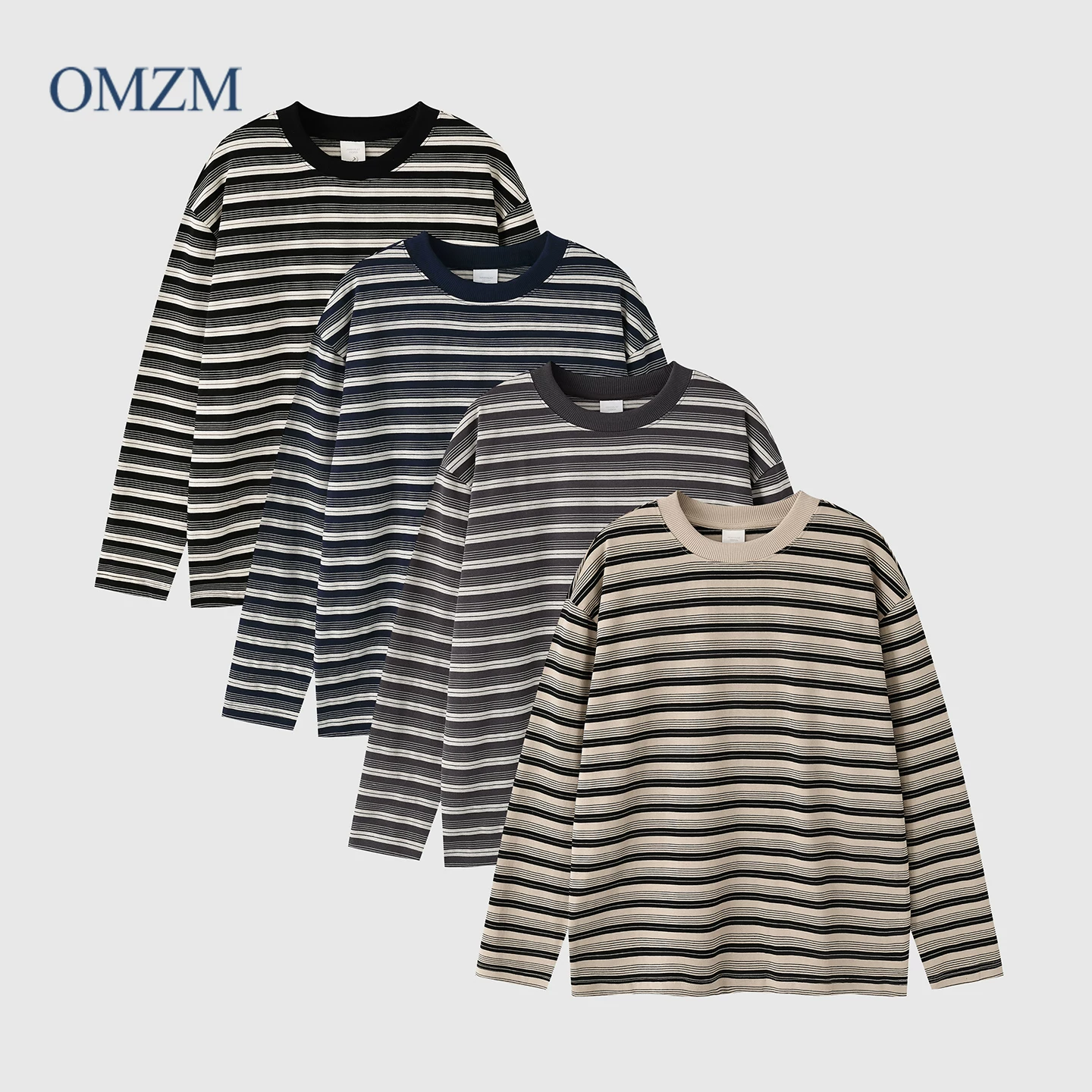 Áo thun dài tay bằng cotton nguyên chất sọc hạng nặng OMZM dành cho nam, áo thun cổ tròn màu phong cách cổ điển Mỹ mùa thu, áo thun cổ tròn