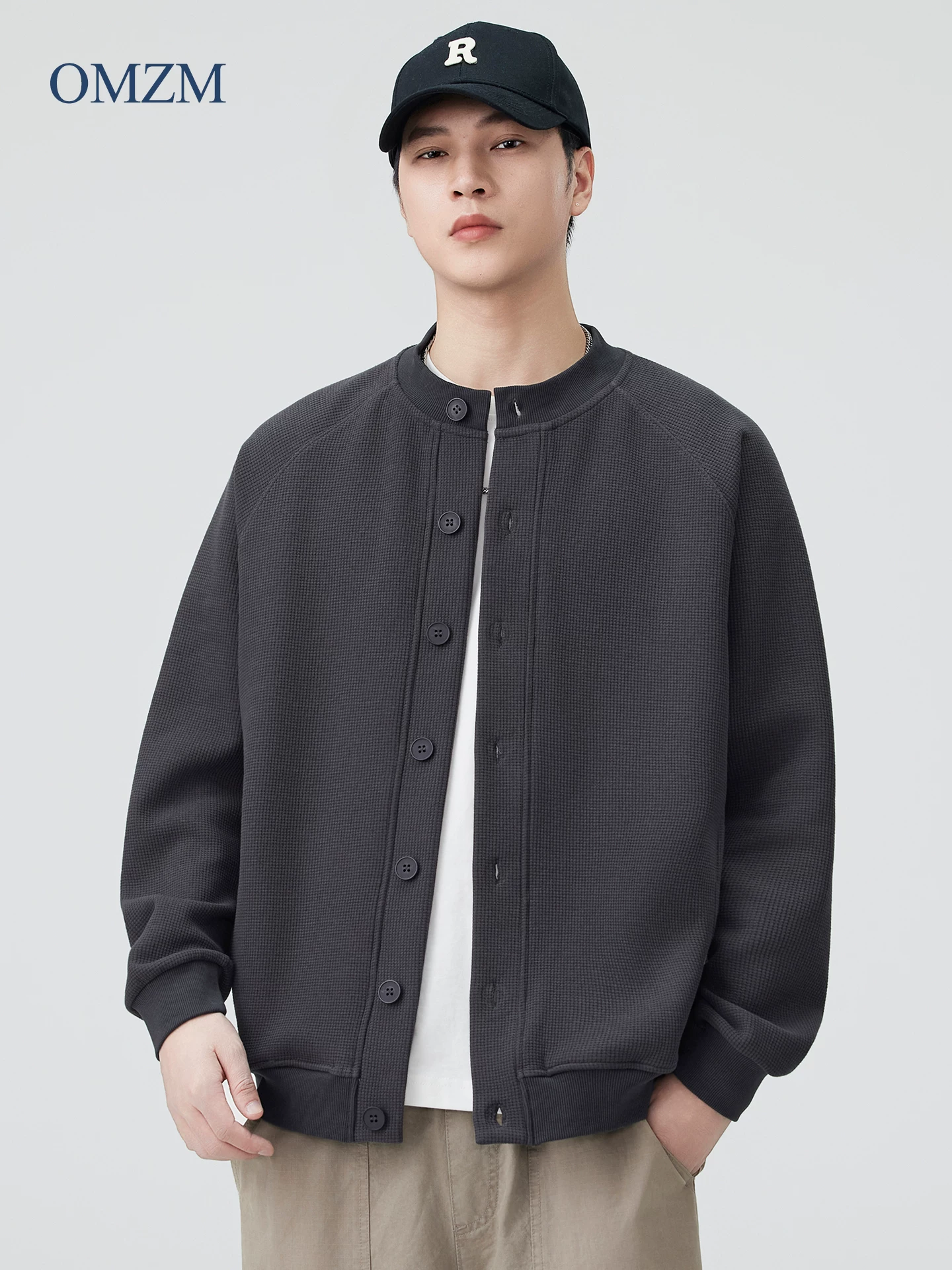 Áo len cardigan hạng nặng OMZM470G dành cho nam, áo khoác waffle cao cấp mùa thu, áo khoác thường ngày kiểu dáng rộng rãi và lười biếng