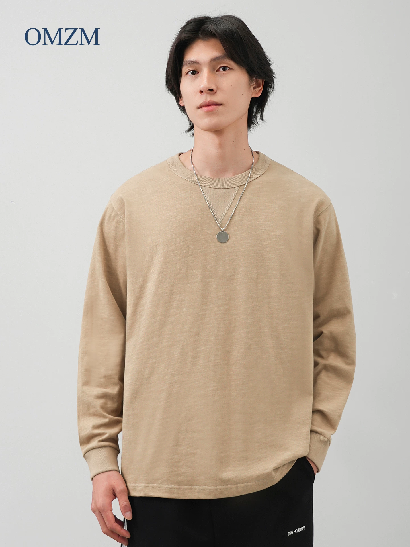 Áo thun dài tay cotton nguyên chất hạng nặng OMZM400G dành cho nam, áo sơ mi đế dày hình tam giác ngược phong cách Mỹ mùa thu, áo nỉ cổ tròn