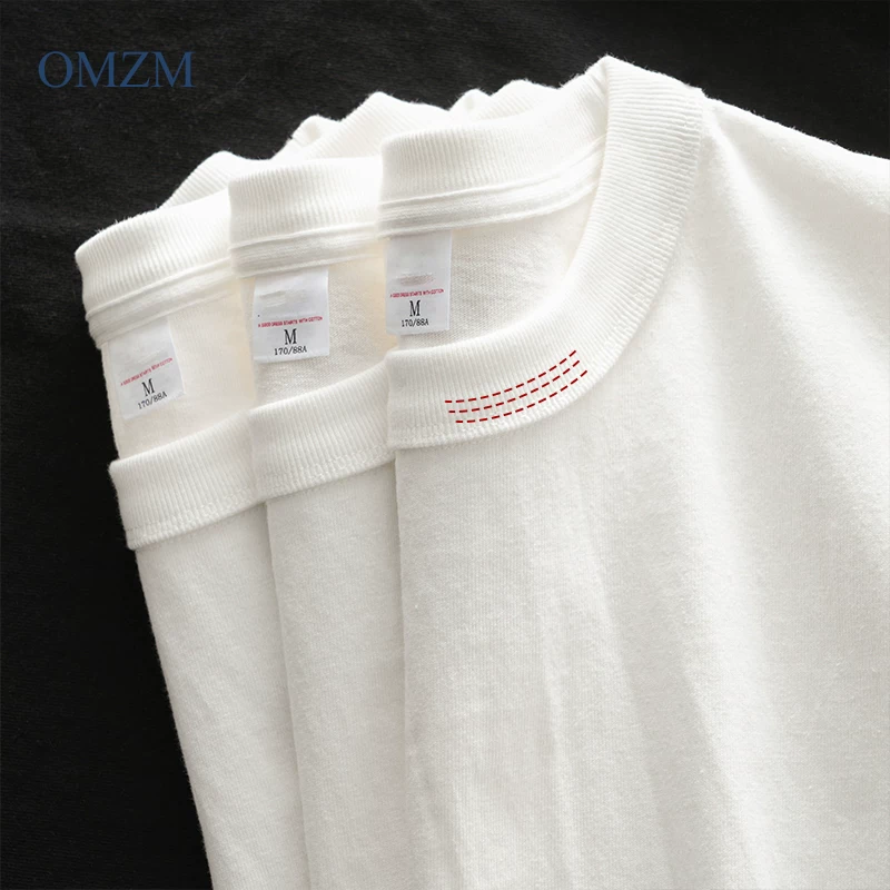 Áo thun nam tay ngắn màu trắng tinh khiết, chất liệu cotton dày 400g, kiểu dáng mùa hè phong cách Mỹ, cổ nhỏ, chất liệu cotton nguyên chất, màu trắng trơn, tay lửng.