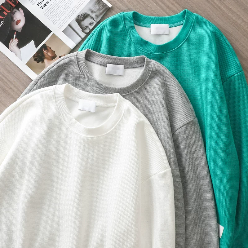 Áo len dệt kim kiểu waffle lót lông cừu hạng nặng kiểu Mỹ dành cho nam, áo sơ mi cổ tròn cổ tròn màu trơn mùa thu đông, áo khoác dày dặn ấm áp.