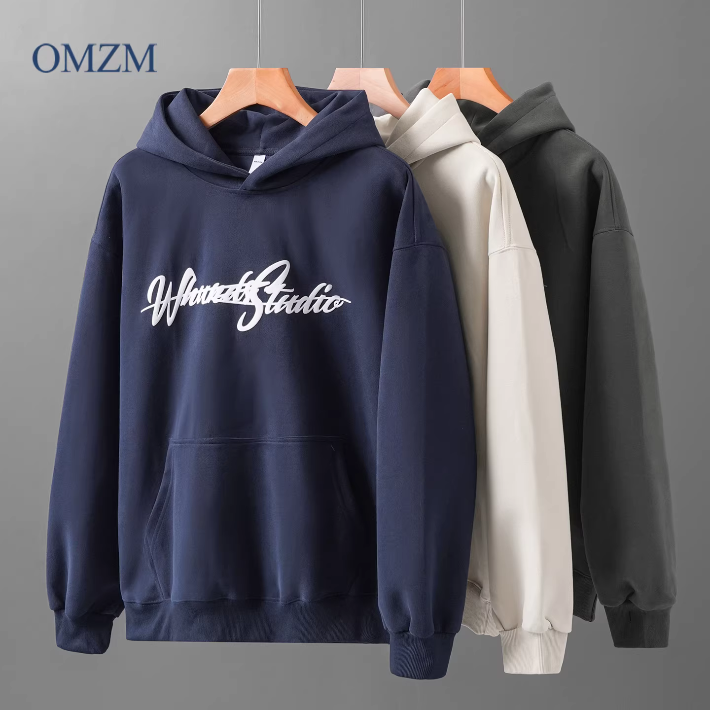 Áo khoác có mũ trùm đầu hạng nặng OMZM450G dành cho nam giới, áo khoác thể thao dài tay in chữ cổ điển kiểu Mỹ mùa thu