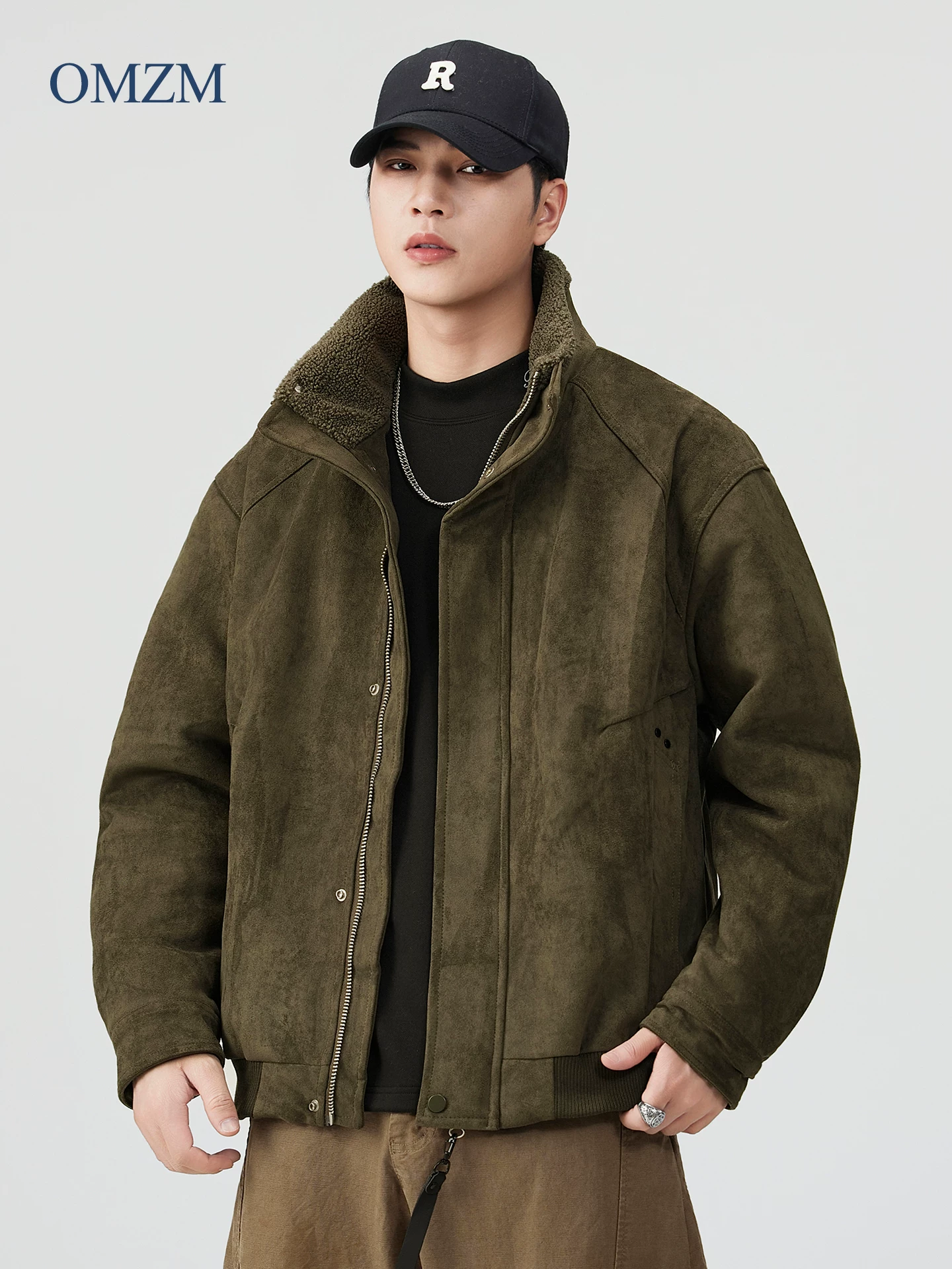 Áo khoác cotton lót lông OMZM dành cho nam, áo khoác cotton dày dặn lót lông cừu mùa đông, áo khoác cổ điển kiểu Mỹ.