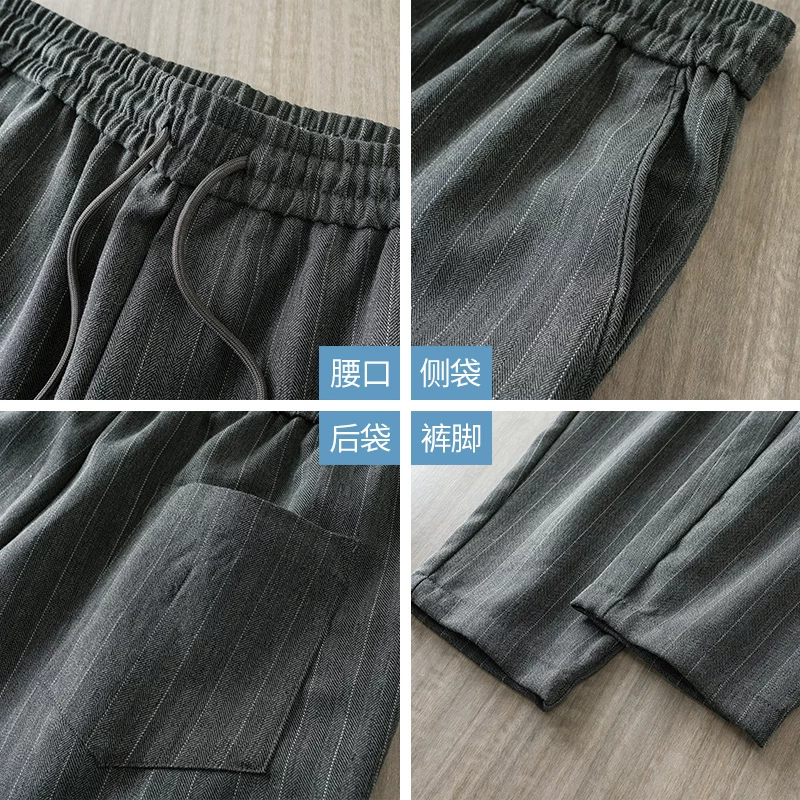 Quần thường ngày sọc dày kiểu cổ điển của Mỹ OMZM dành cho nam, quần ống suông dáng suông mùa hè, quần bút chì cotton nguyên chất