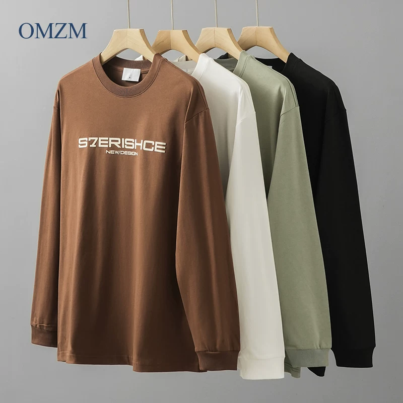 OMZM300G Áo thun nam dài tay bằng cotton nguyên chất hạng nặng mùa xuân cổ tròn in lớp bên trong áo nỉ dáng rộng kiểu Mỹ
