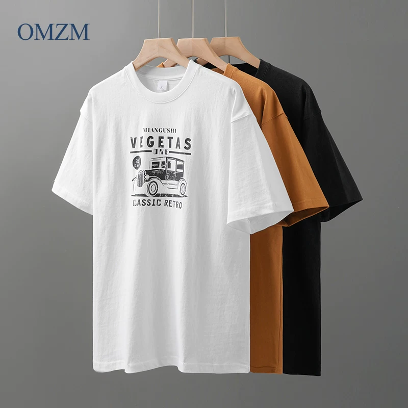 OMZM320G Áo thun cotton nguyên chất hạng nặng ngắn tay mùa hè dành cho nam kiểu Mỹ dáng rộng cổ tròn in hình xe hơi Áo thun nửa tay