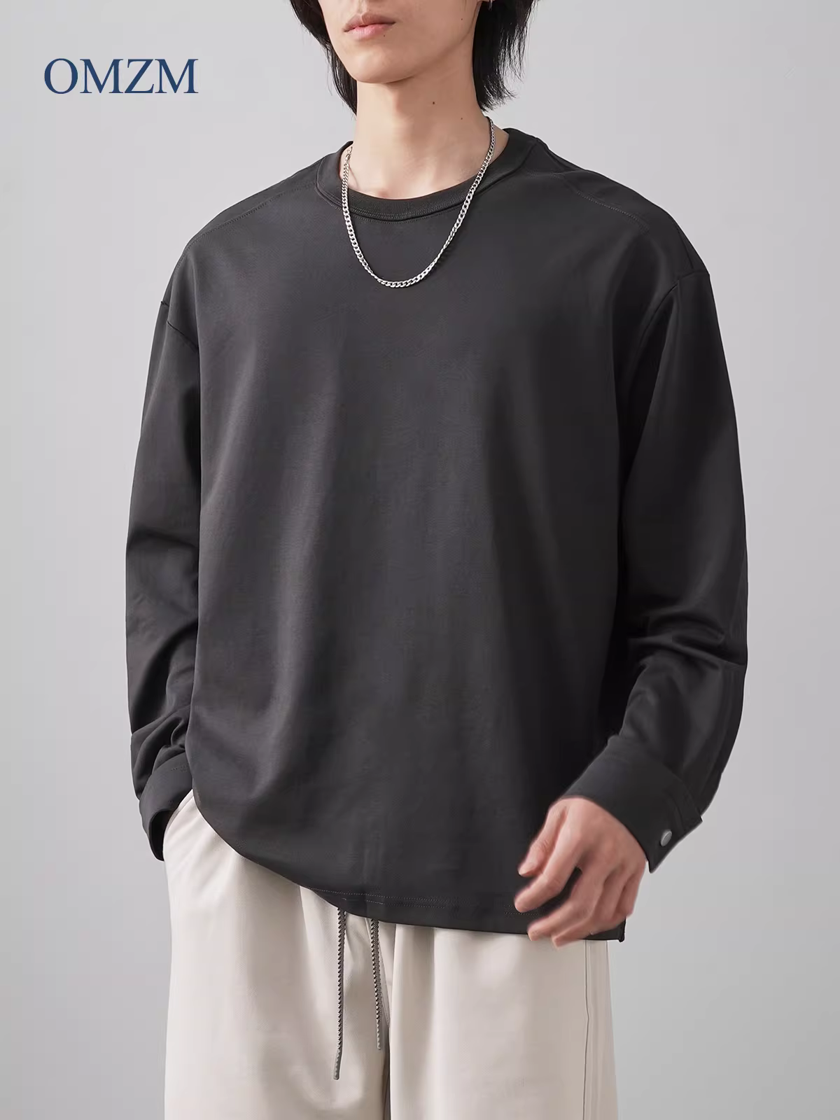 Áo thun nam OMZM kiểu Mỹ, chất liệu dày dặn 400G, tay dài, mùa thu 2024, kiểu dáng rộng, cổ tròn, áo thun ba đường may