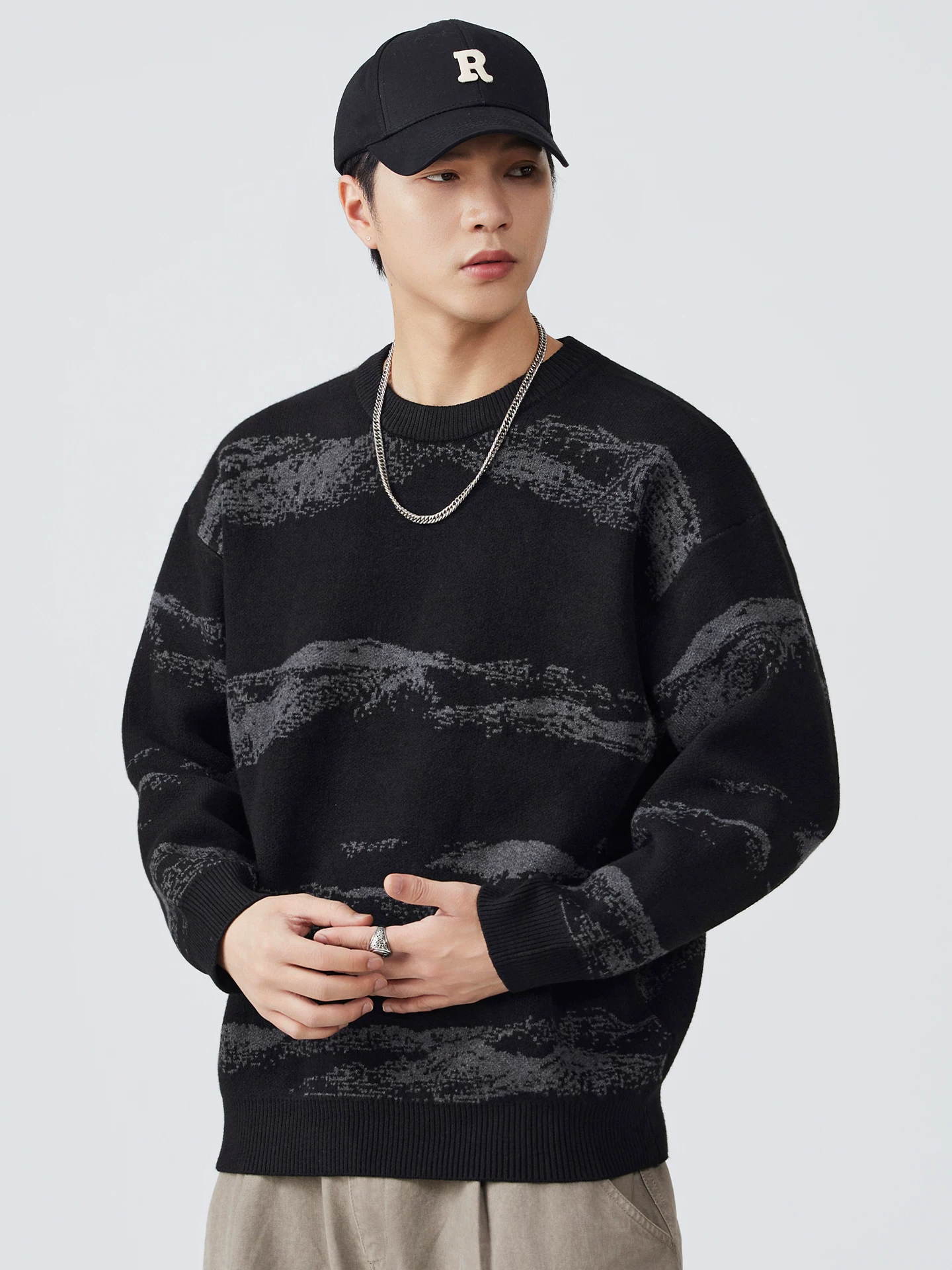 Áo len dệt kim có họa tiết OMZM dành cho nam, áo len cổ tròn in họa tiết cổ điển kiểu Mỹ nặng 750G mùa thu