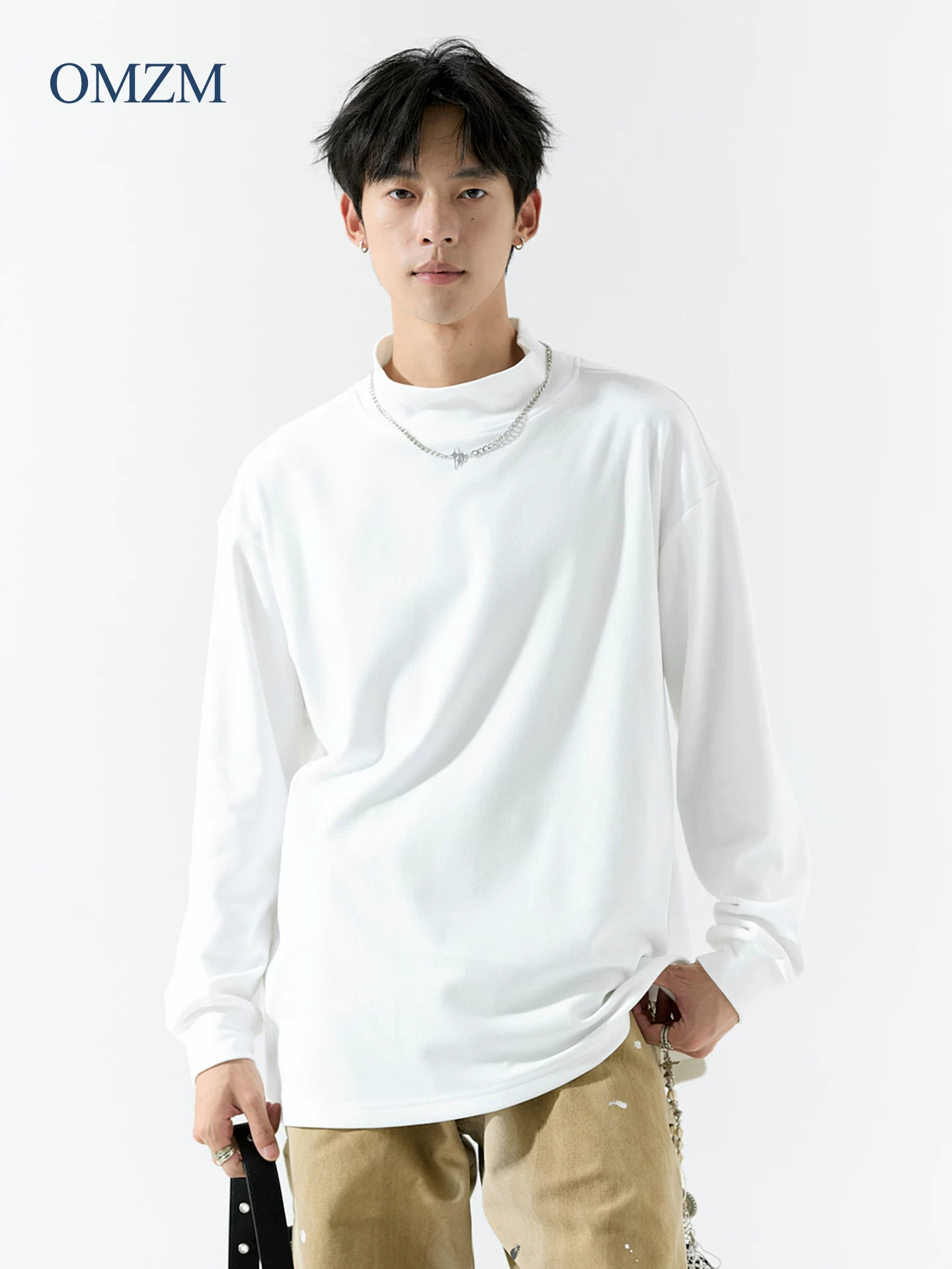 Áo thun dài tay cổ cao hạng nặng OMZM300G dành cho nam, áo sơ mi giữ nhiệt màu trơn mùa thu, áo lót ấm áp cho mùa thu.