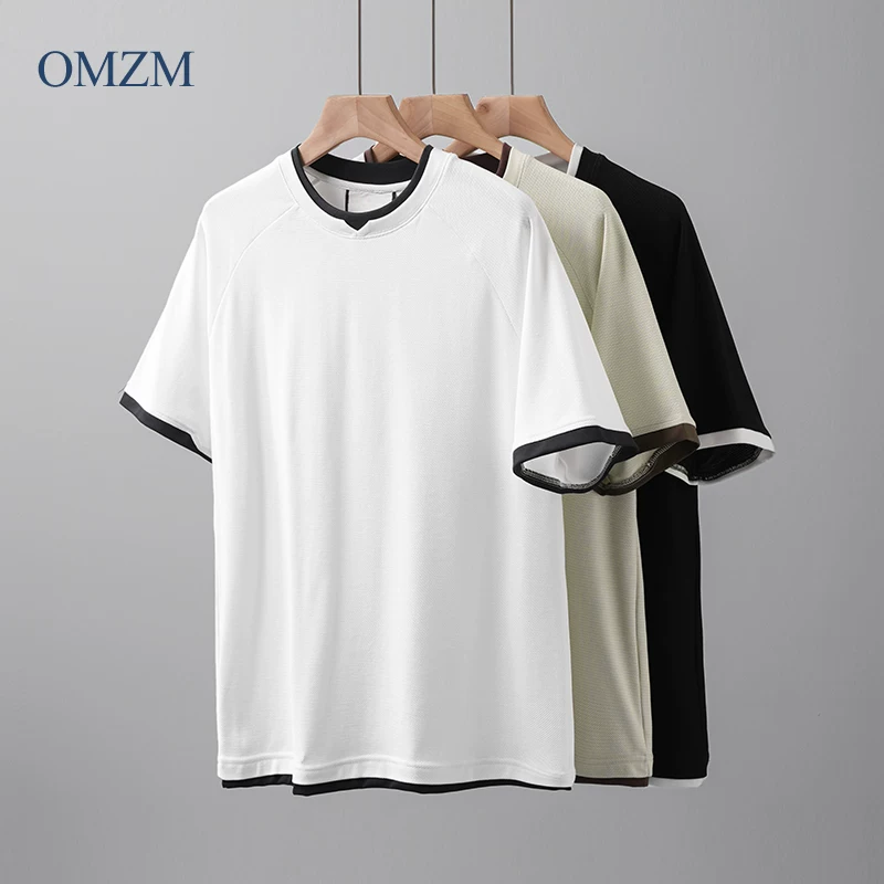 Áo thun ngắn tay giả hai mảnh hạng nặng OMZM210G dành cho nam, áo thun dệt kim cao cấp mùa hè có cổ tròn nửa tay màu tương phản