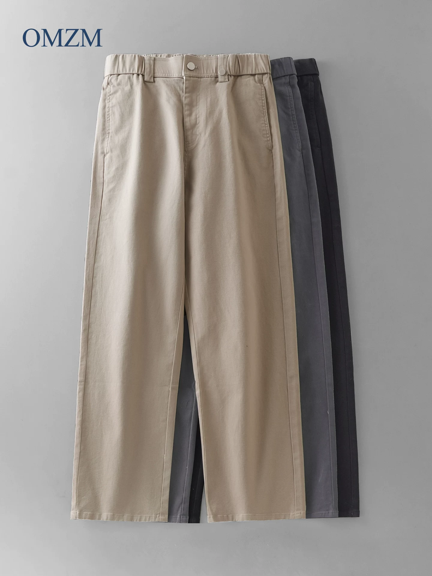Quần thường ngày kiểu Mỹ OMZM dành cho nam, quần kaki dáng rộng thẳng cổ điển mùa thu, quần ống rộng màu trơn dành cho công sở.