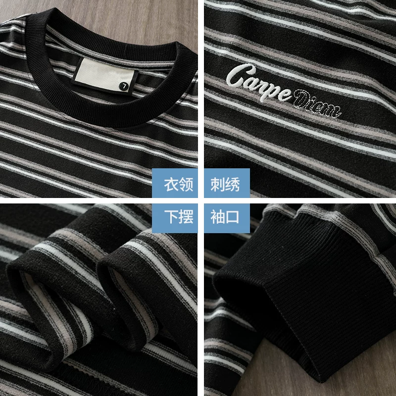 Áo thun dài tay sọc nhung dày OMZM dành cho nam, áo len cổ tròn dáng rộng mùa đông 2024, áo lót dày dặn và ấm áp, hợp thời trang.