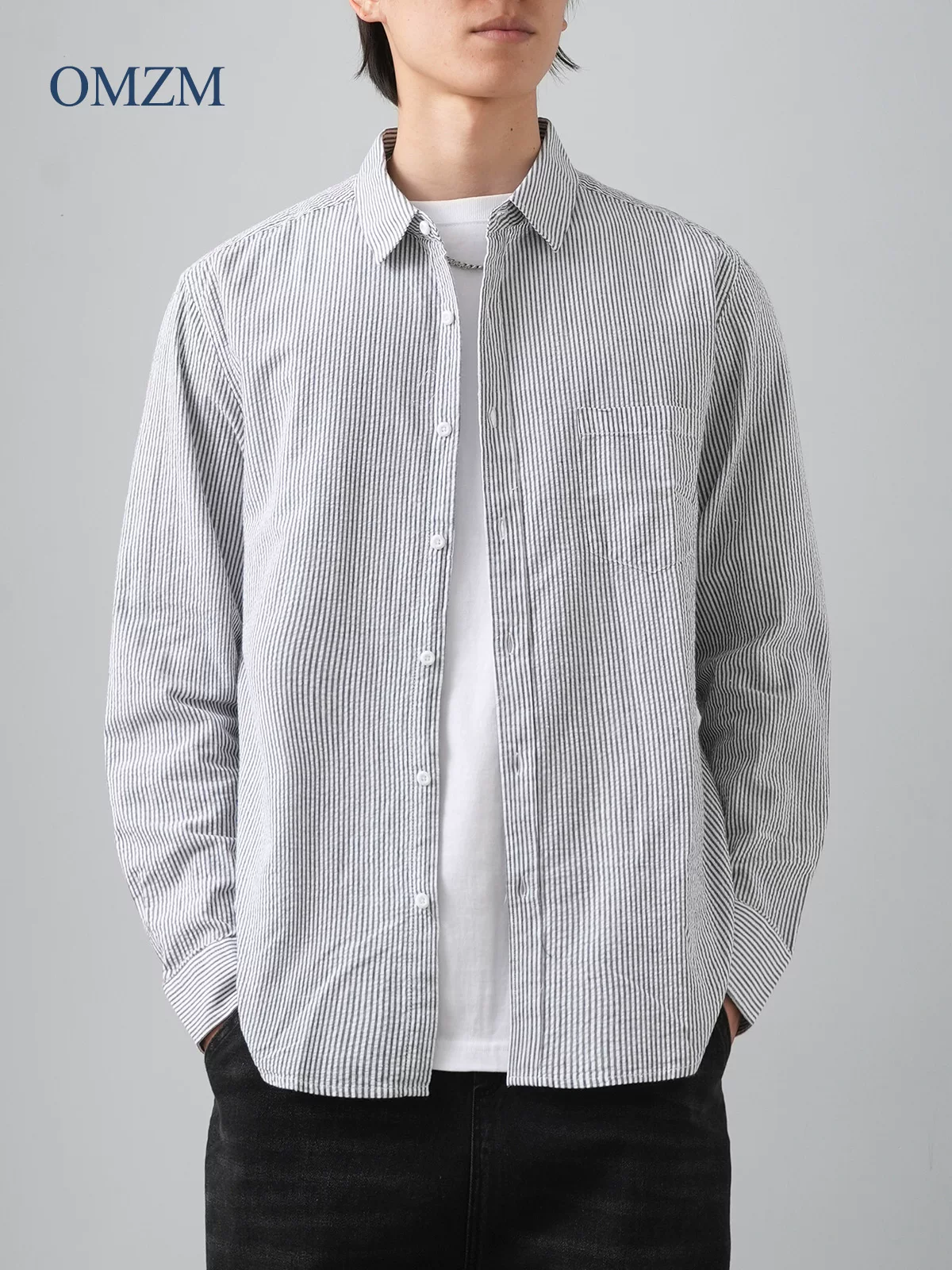 OMZM Áo sơ mi sọc seersucker kiểu Mỹ dành cho nam, áo sơ mi dài tay, dáng rộng, chất liệu cotton nguyên chất có cổ bẻ, áo khoác thường ngày thoáng khí cho mùa thu.