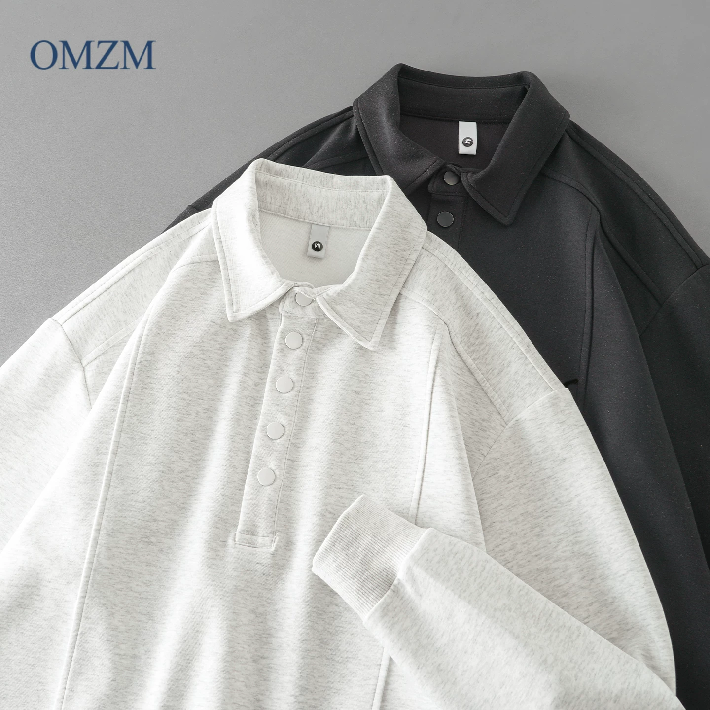 Áo nỉ POLO hạng nặng OMZM310G dành cho nam, áo chui đầu dài tay có cổ cao cấp mùa thu, áo khoác màu trơn kiểu Mỹ