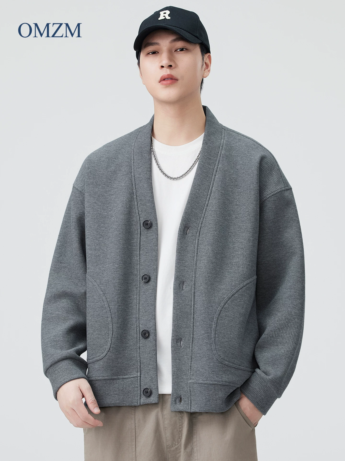 Áo khoác cardigan hạng nặng OMZM470G dành cho nam, áo len dệt kim cao cấp mùa thu, áo khoác dáng rộng phong cách lười biếng