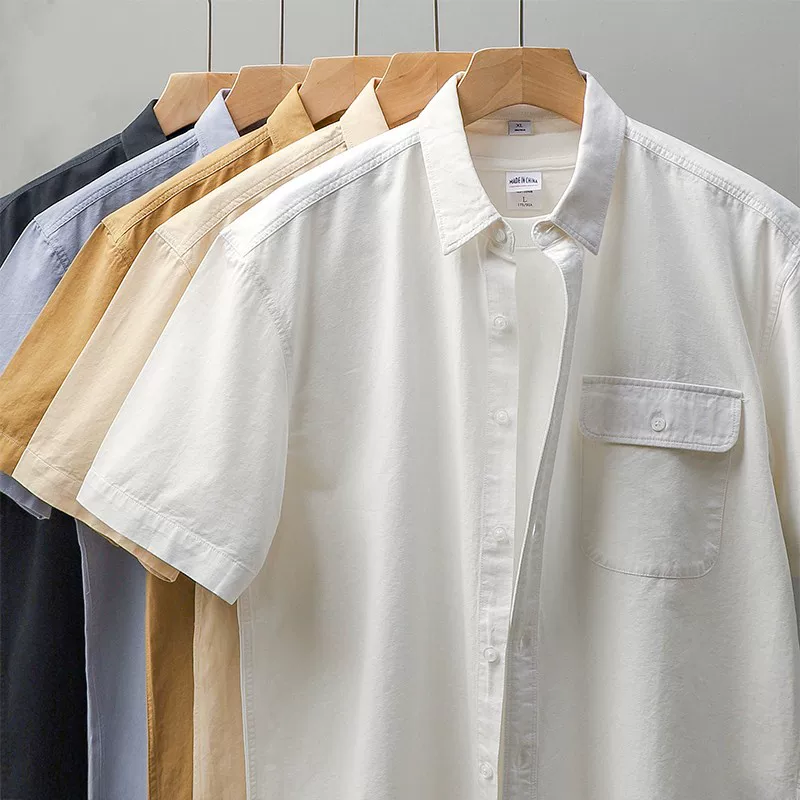 OMZM Áo sơ mi ngắn tay bằng cotton nguyên chất hạng nặng kiểu Mỹ dành cho nam, thương hiệu hợp thời trang mùa hè, trang phục công sở cao cấp, áo sơ mi trắng giản dị kiểu Nhật