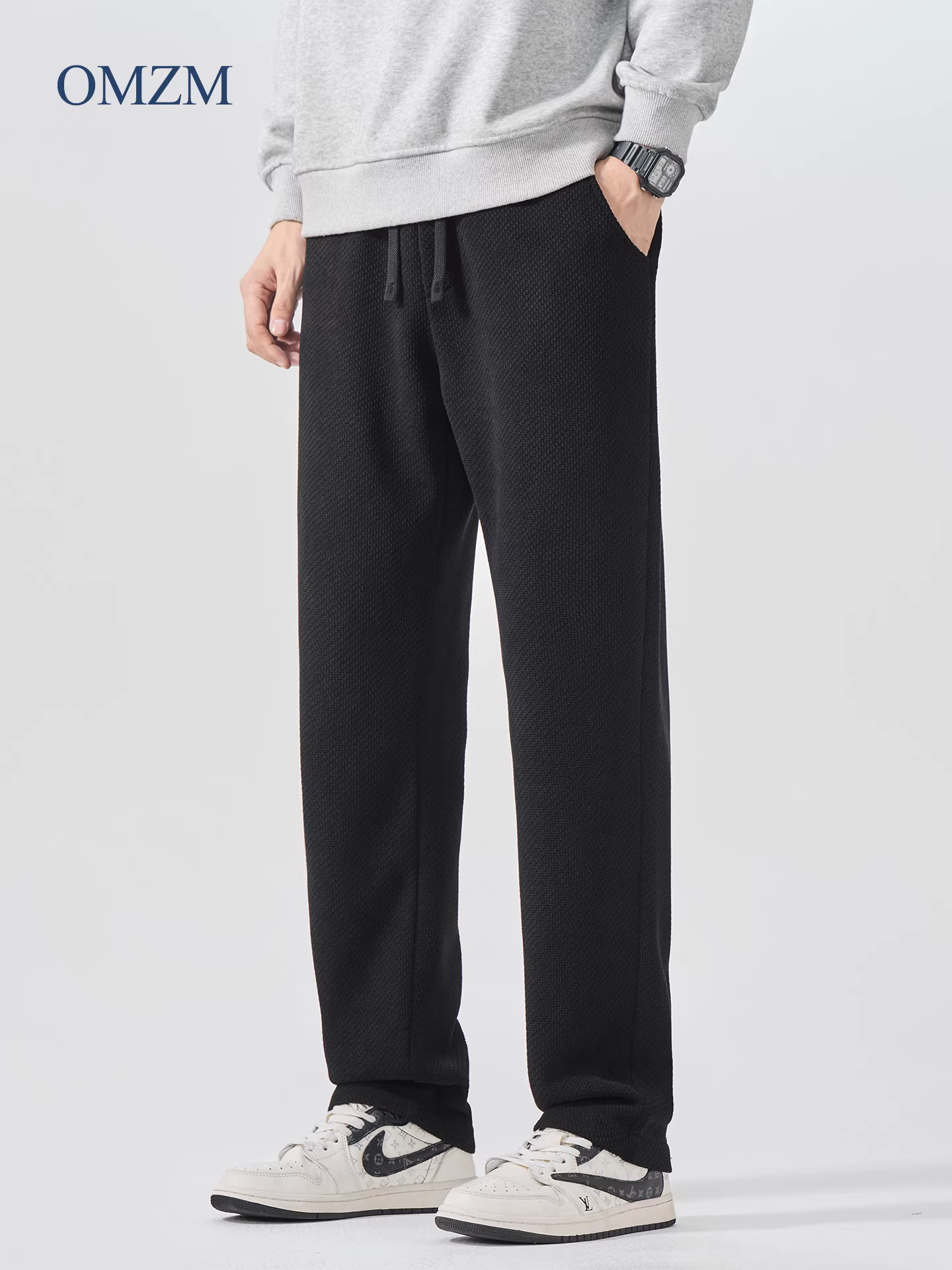 Quần thường ngày lót lông cừu hạng nặng OMZM dành cho nam, quần ống rộng dày dặn ấm áp phong cách Mỹ mùa thu đông, quần thể thao ống thẳng rộng rãi