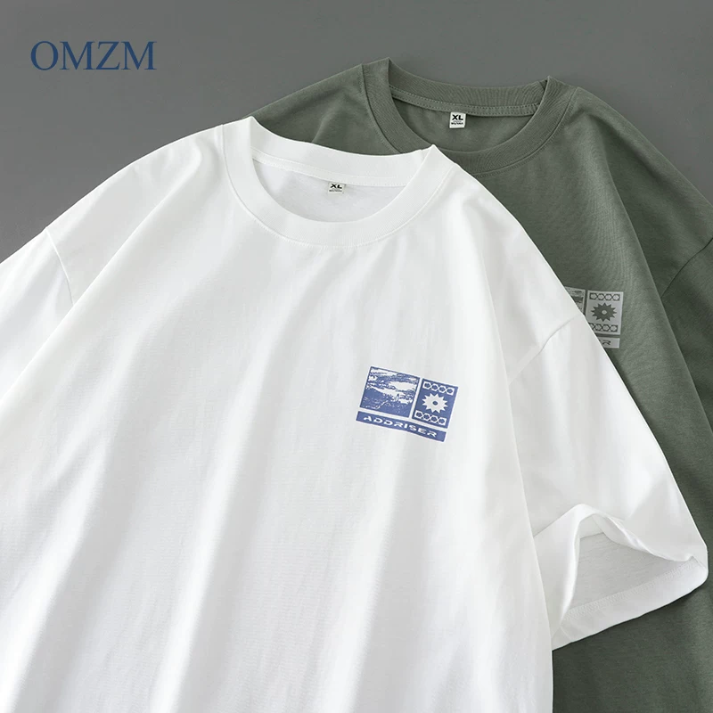 Áo thun ngắn tay bằng cotton nguyên chất hạng nặng OMZM240G dành cho nam và nữ, áo thun in hình thương hiệu thời trang mùa hè của Mỹ, áo thun cổ tròn dáng rộng nửa tay