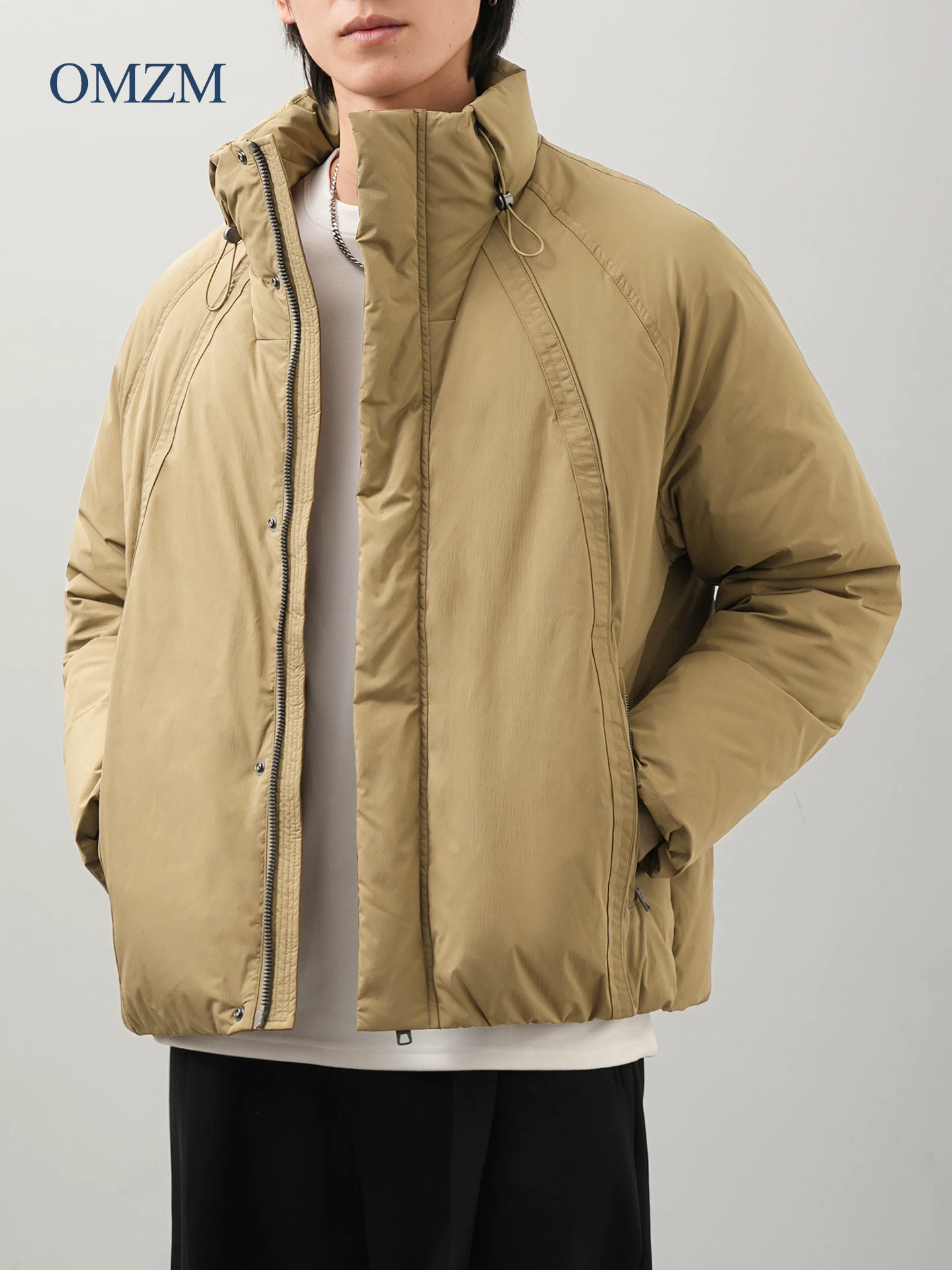 Áo khoác lông vịt OMZM90 dành cho nam, giữ ấm mùa đông và chống lạnh, áo khoác ngắn tối giản, dáng nhẹ, cổ đứng, áo khoác đôi.