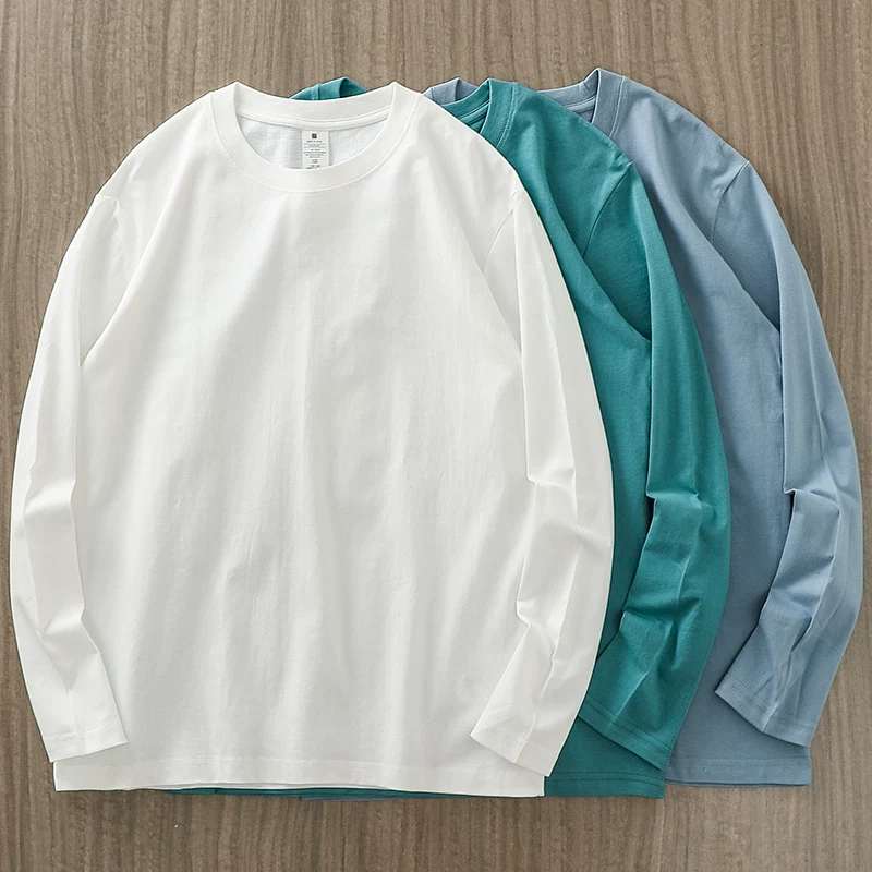 Áo thun dài tay hạng nặng 230g kiểu Mỹ OMZM dành cho nam, mùa xuân và mùa thu, dáng rộng, vai thường, áo sơ mi màu trắng, cotton nguyên chất, áo thun cổ tròn.