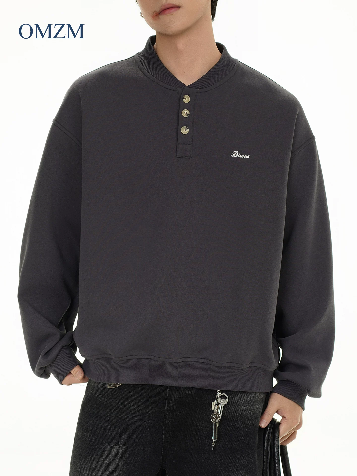 Áo len cổ Henry hạng nặng 400G phong cách Mỹ của OMZM dành cho nam, áo chui đầu thêu cao cấp mùa thu, áo khoác dáng rộng thông thường