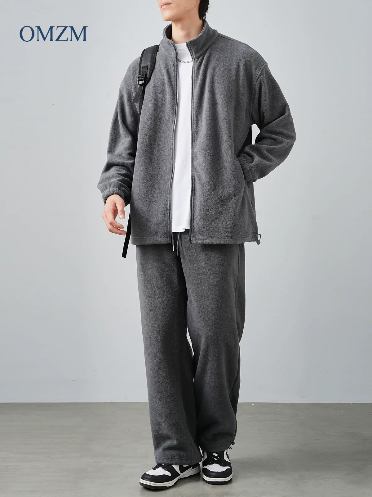 Bộ áo nỉ và quần thể thao OMZM ấm áp dành cho nam, áo khoác cardigan có khóa kéo cổ đứng mùa thu đông, quần thể thao thường ngày