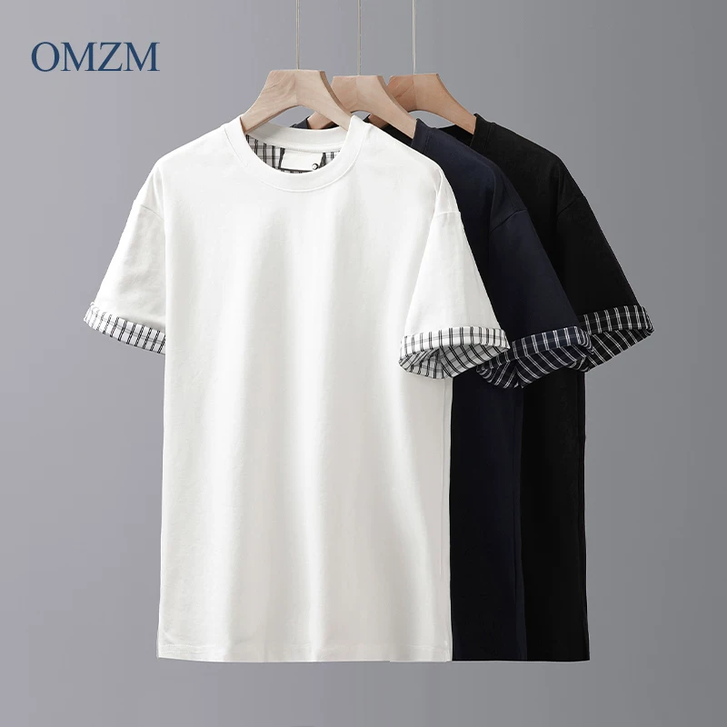 Áo thun giả hai mảnh OMZM dành cho nam và nữ, tay ngắn, chất liệu dày dặn, kiểu dáng mùa hè, phối màu, cổ tròn, màu trơn, tay lửng, kiểu dáng thông thường