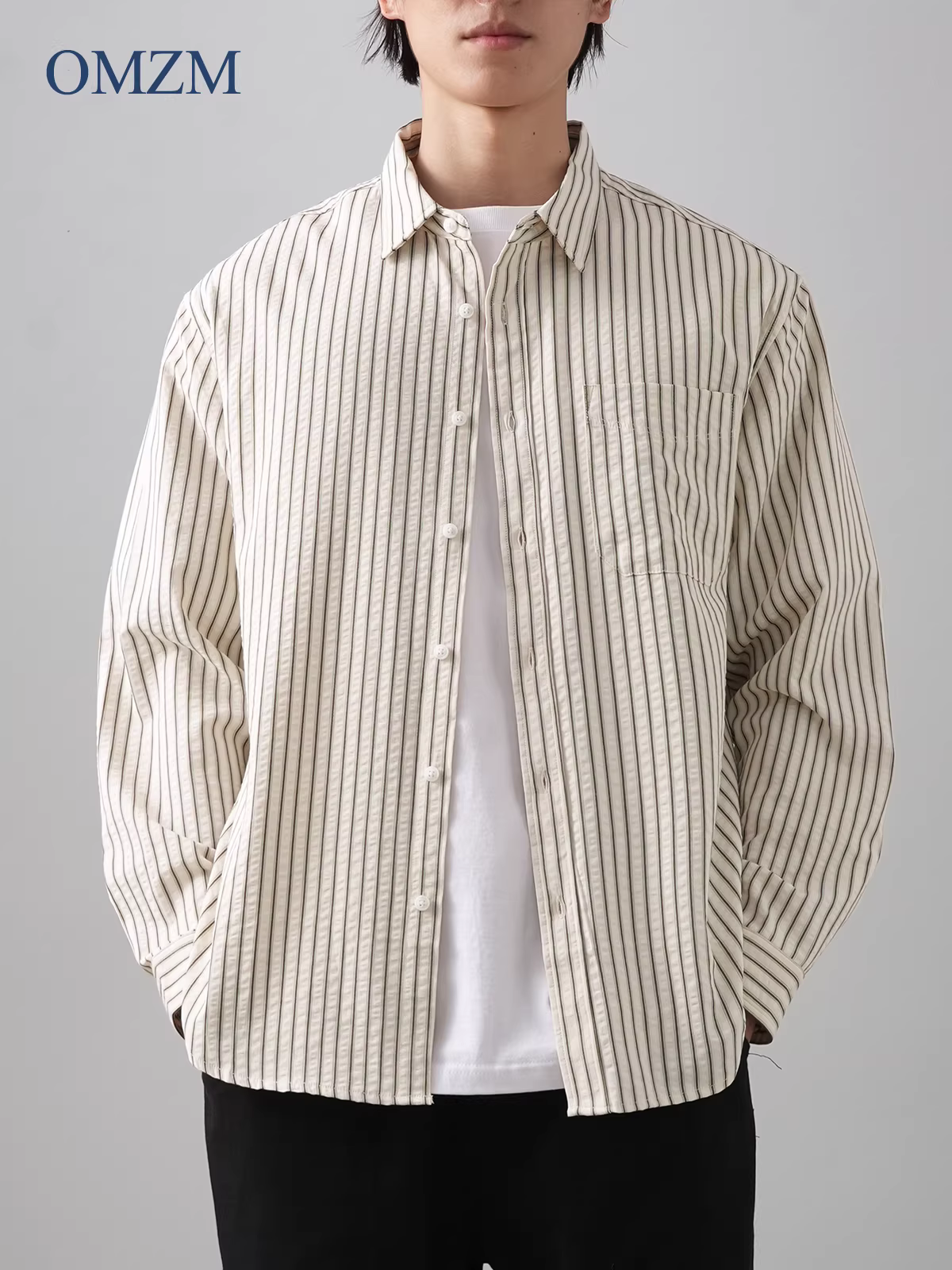 Áo sơ mi OMZM Celar Tencel dành cho nam, dài tay, kiểu dáng mùa thu mỏng, dáng rộng, cổ bẻ, áo sơ mi sọc dọc, áo khoác cao cấp.
