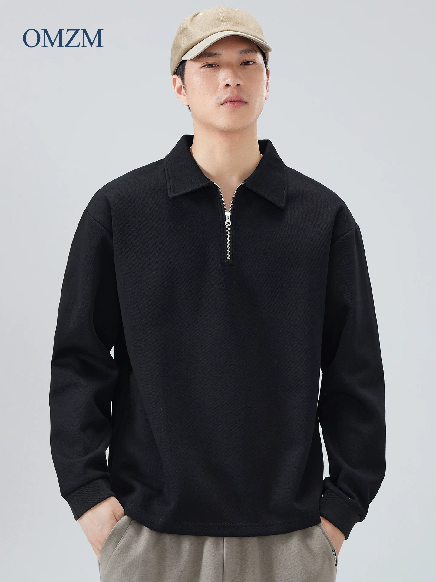 Áo len có cổ lót lông cừu OMZM dành cho nam, áo khoác cổ đứng nửa khóa kéo dày dặn ấm áp mùa đông, áo sơ mi POLO dáng rộng có cổ