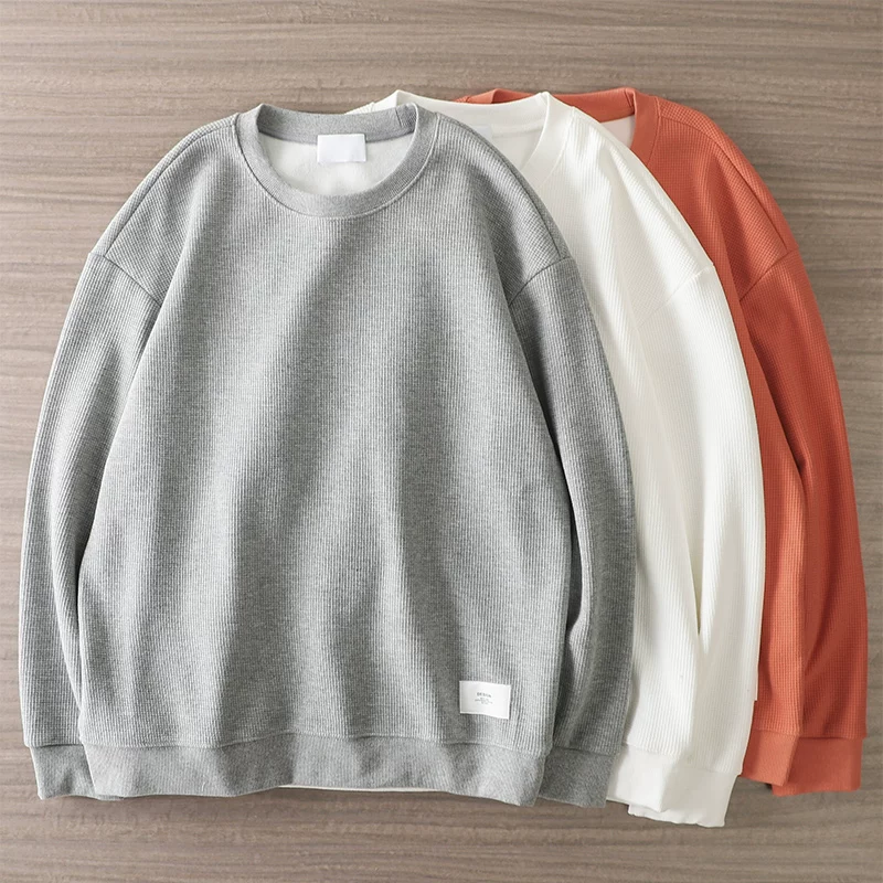 Áo len dệt kim kiểu waffle lót lông cừu hạng nặng kiểu Mỹ dành cho nam, áo sơ mi cổ tròn cổ tròn màu trơn mùa thu đông, áo khoác dày dặn ấm áp.