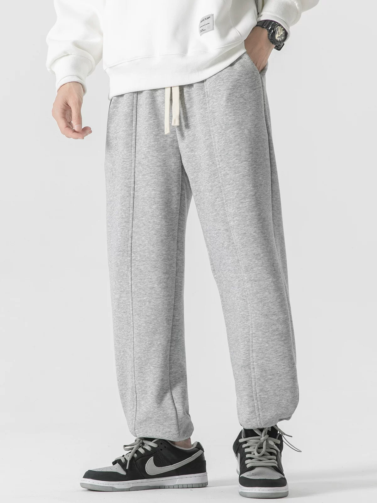 Quần jogger có dây rút hạng nặng OMZM dành cho nam, quần dài dáng rộng phong cách Mỹ mùa xuân và mùa thu, quần thể thao màu xám