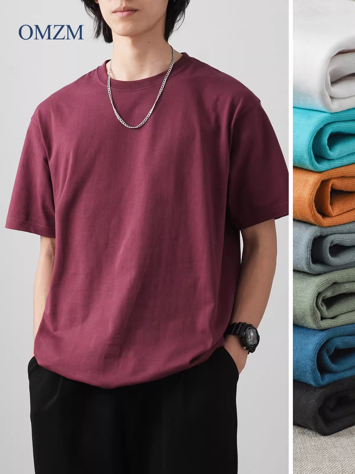 Áo thun nam hạng nặng màu đỏ rượu vang 320G, tay ngắn, Năm Rồng, cotton nguyên chất, áo sơ mi nửa tay cổ điển kiểu Mỹ mùa hè hợp thời trang