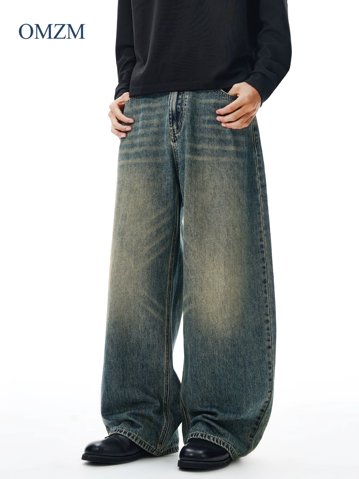 Quần jean dáng rộng kiểu Mỹ OMZM dành cho nam, quần dài dáng chữ A dáng thẳng màu xanh nhạt cổ điển mùa đông