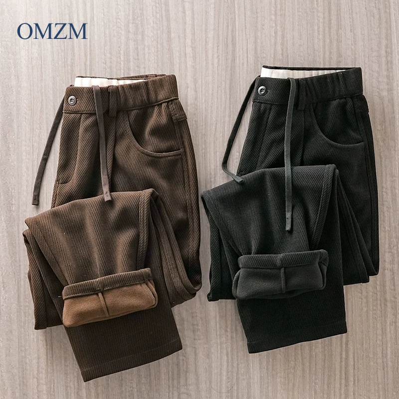 Quần vải nhung dày dặn OMZM chất liệu twill, kiểu dáng thẳng, mặc thường ngày, mùa thu đông, dành cho nam, dáng rộng, thoải mái khi chạy bộ