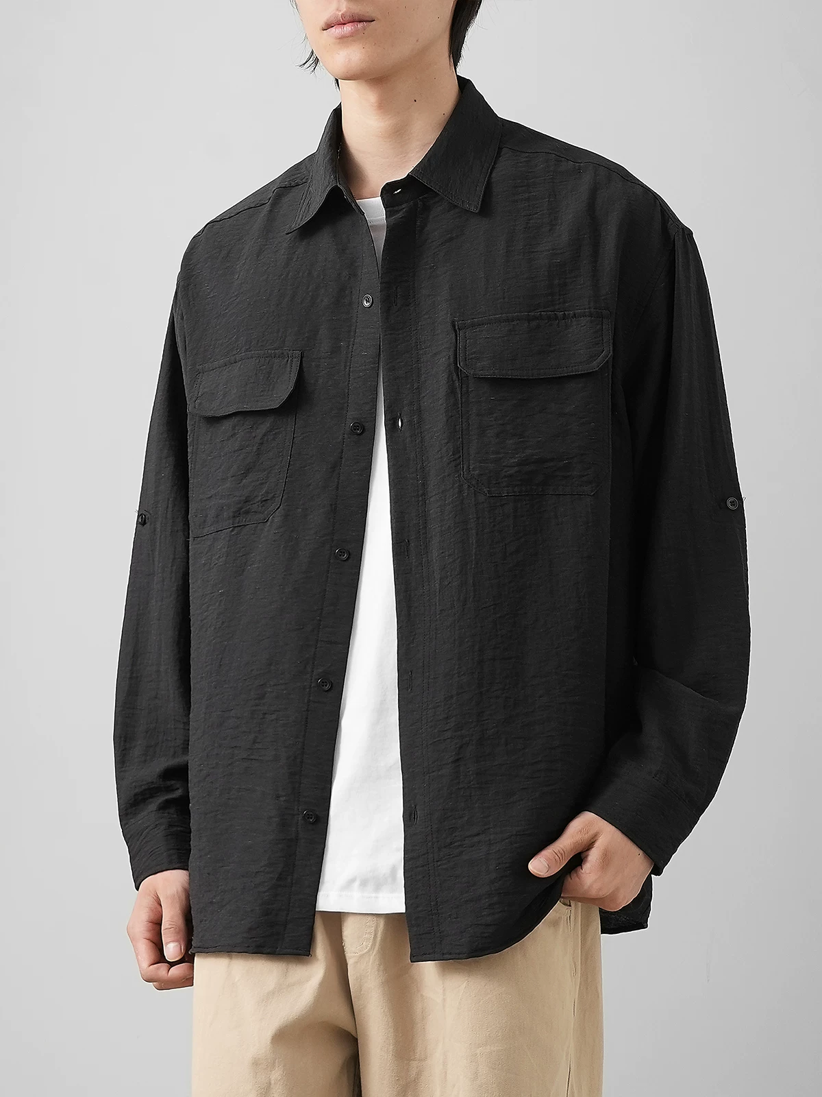 OMZM nhẹ công sở áo sơ mi vải lanh nam dài tay mùa thu áo sơ mi cotton-linen mỏng phong cách Nhật Bản áo khoác dáng rộng giản dị