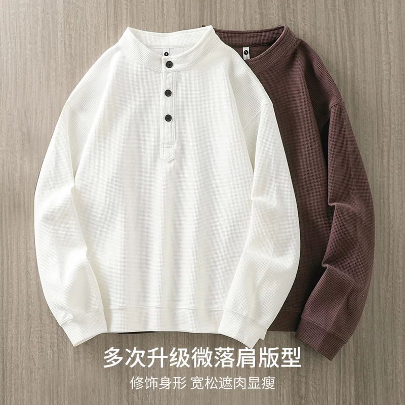 Áo len dệt kim nặng kiểu waffle OMZM350G dành cho nam, áo henley màu trơn phong cách retro Mỹ mùa xuân thu, áo khoác dài tay