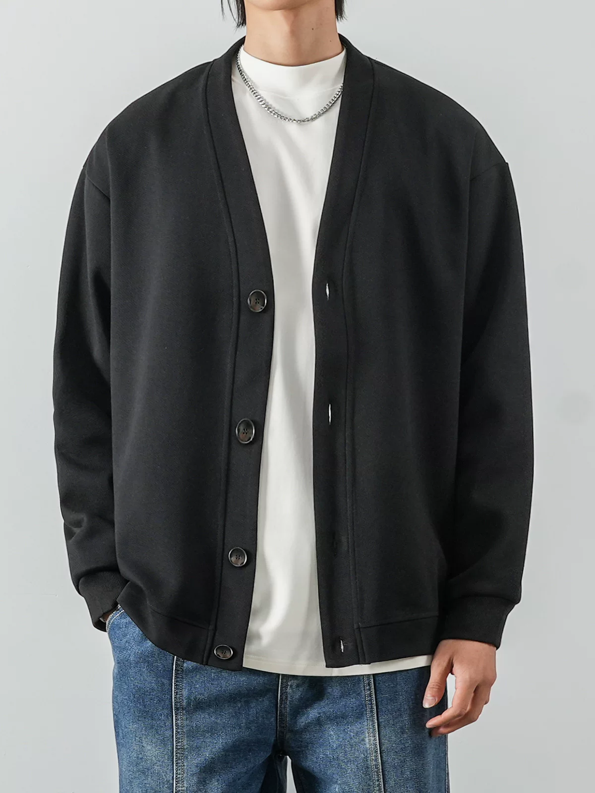 Áo khoác cardigan cotton pique hạng nặng OMZM400g dành cho nam, phong cách Mỹ mùa xuân, áo khoác dài tay cổ chữ V màu trơn cao cấp, hợp thời trang