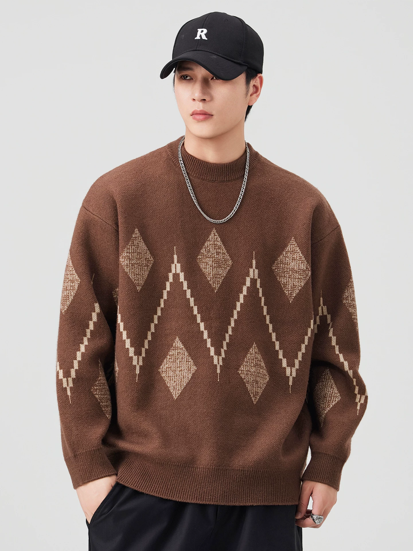 Áo len dệt kim hạng nặng OMZM320G dành cho nam, áo len dài tay dáng rộng cổ điển kiểu Mỹ mùa thu, áo sơ mi lót bên trong.