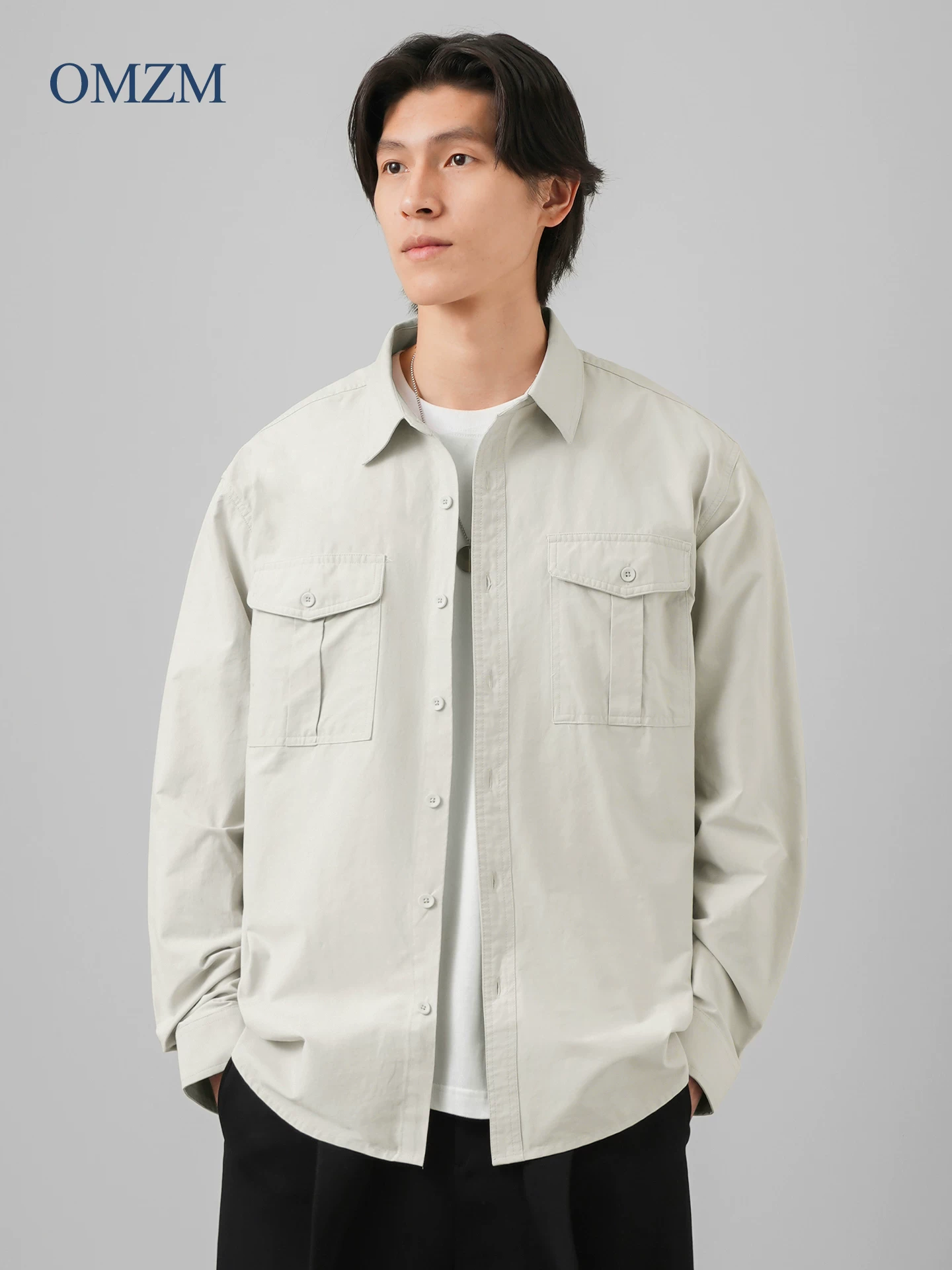 Áo sơ mi dài tay bằng cotton nguyên chất OMZM dành cho nam, áo khoác sơ mi công sở dáng rộng phong cách Nhật Bản mùa thu phong cách Hồng Kông, phong cách cổ điển hợp thời trang