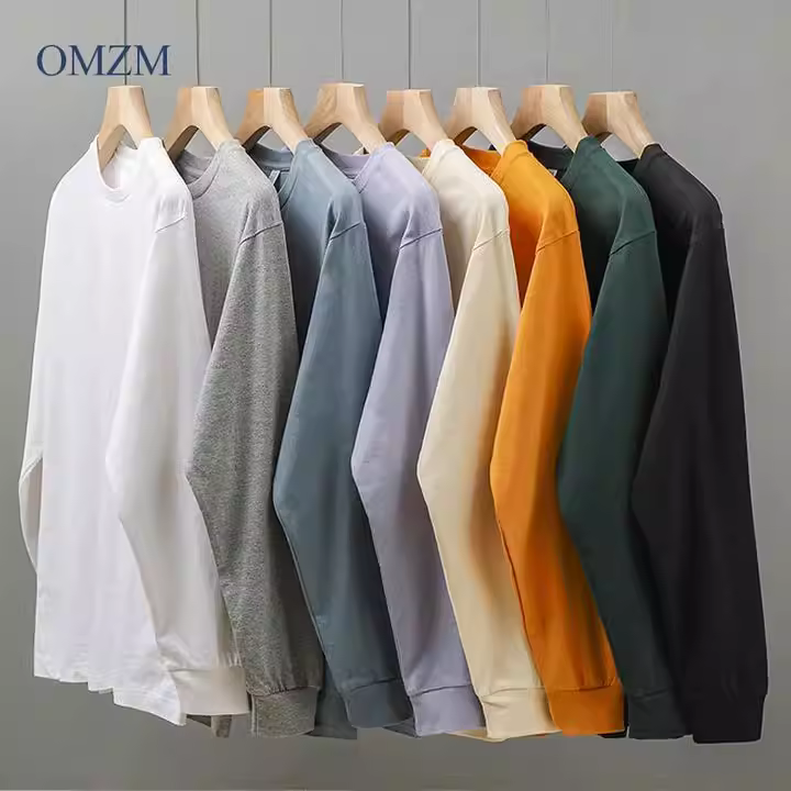 Áo thun dài tay hạng nặng 300g kiểu Mỹ dành cho nam và nữ, áo len cổ tròn bằng cotton nguyên chất mùa xuân và mùa thu, áo sơ mi màu trắng trơn màu rộng rãi